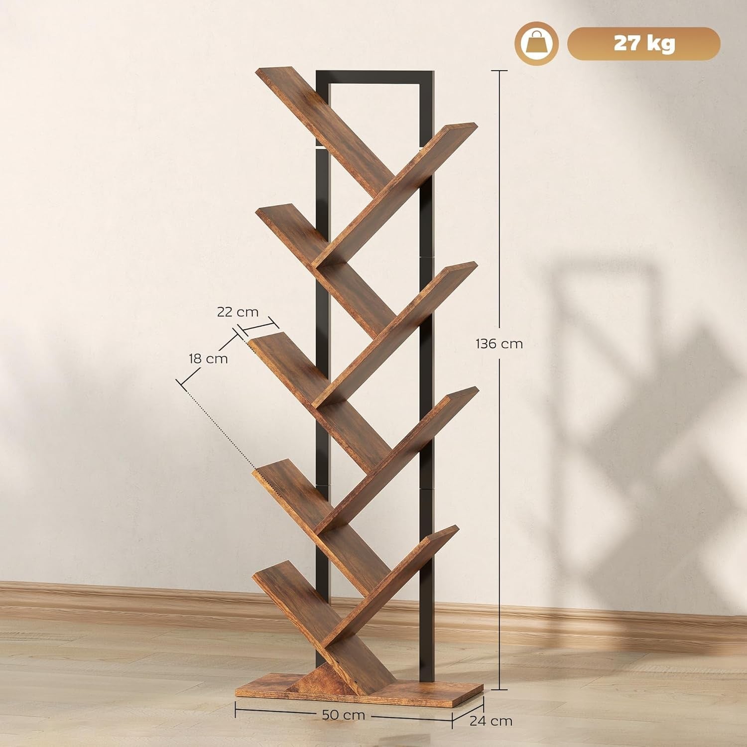 9-Tier Tree Bookshelf Rustic Brown Vertical Bookcase Industrial Space-Saving Uni