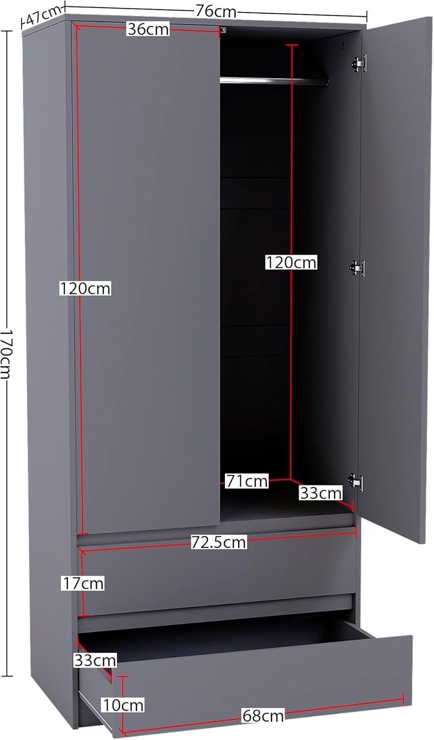 Modern 2 Door Grey Wardrobe with 2 Drawers & Versatile Hanging Rail Storage