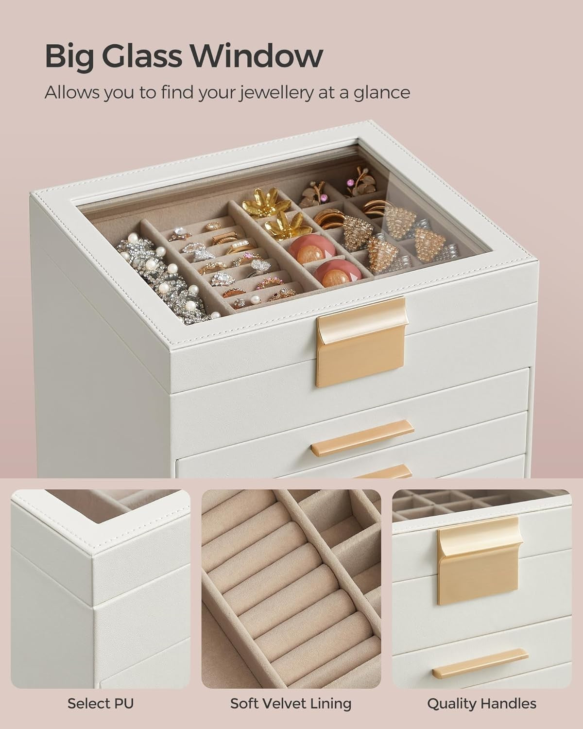 Cloud White Gold Jewellery Box Glass Lid 6 Layer Organizer with Drawers