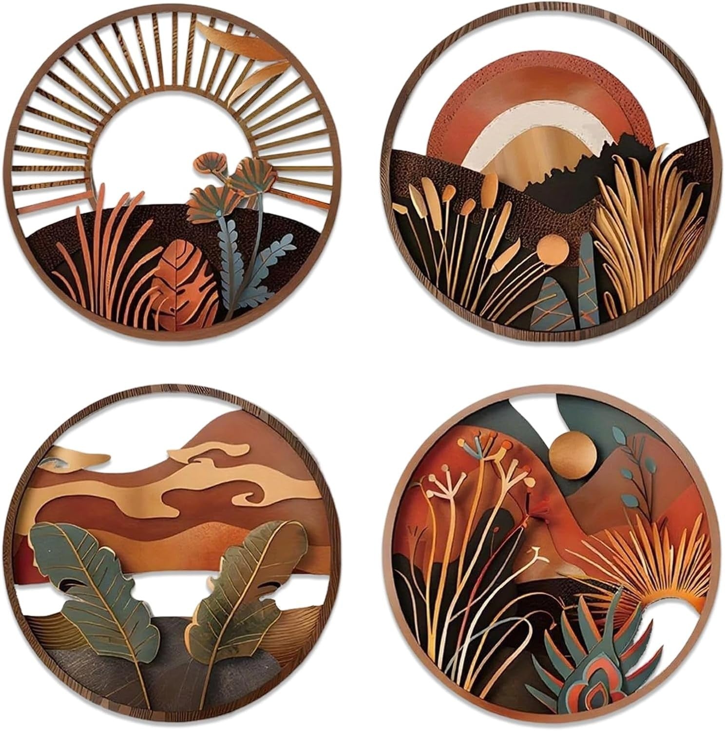4pcs Boho Round Wooden Wall Art Hanging Decor Set