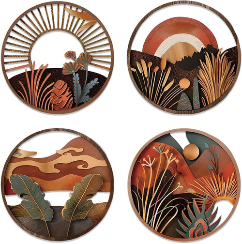 4pcs Boho Round Wooden Wall Art Hanging Decor Set