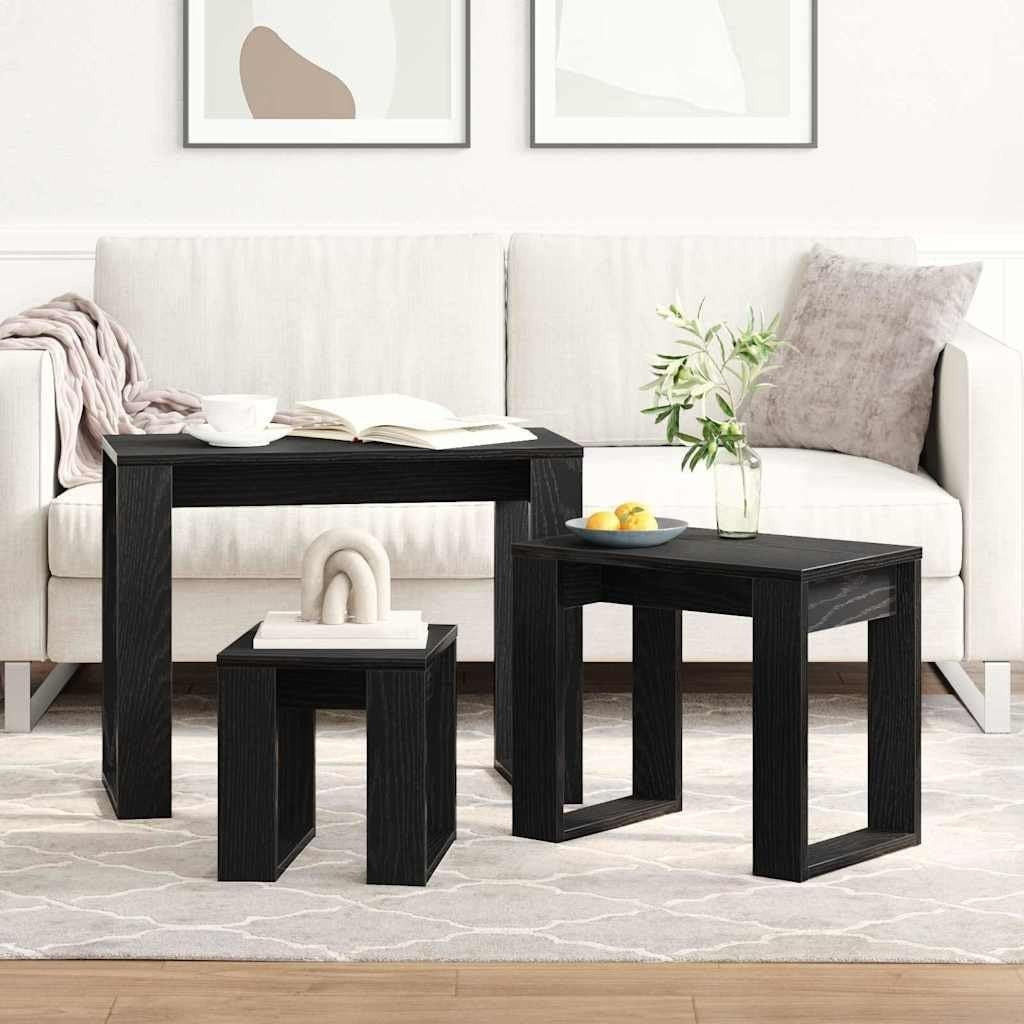 Space Saving Nesting Coffee Table Set 3 Black Oak Wood Modern End Tables