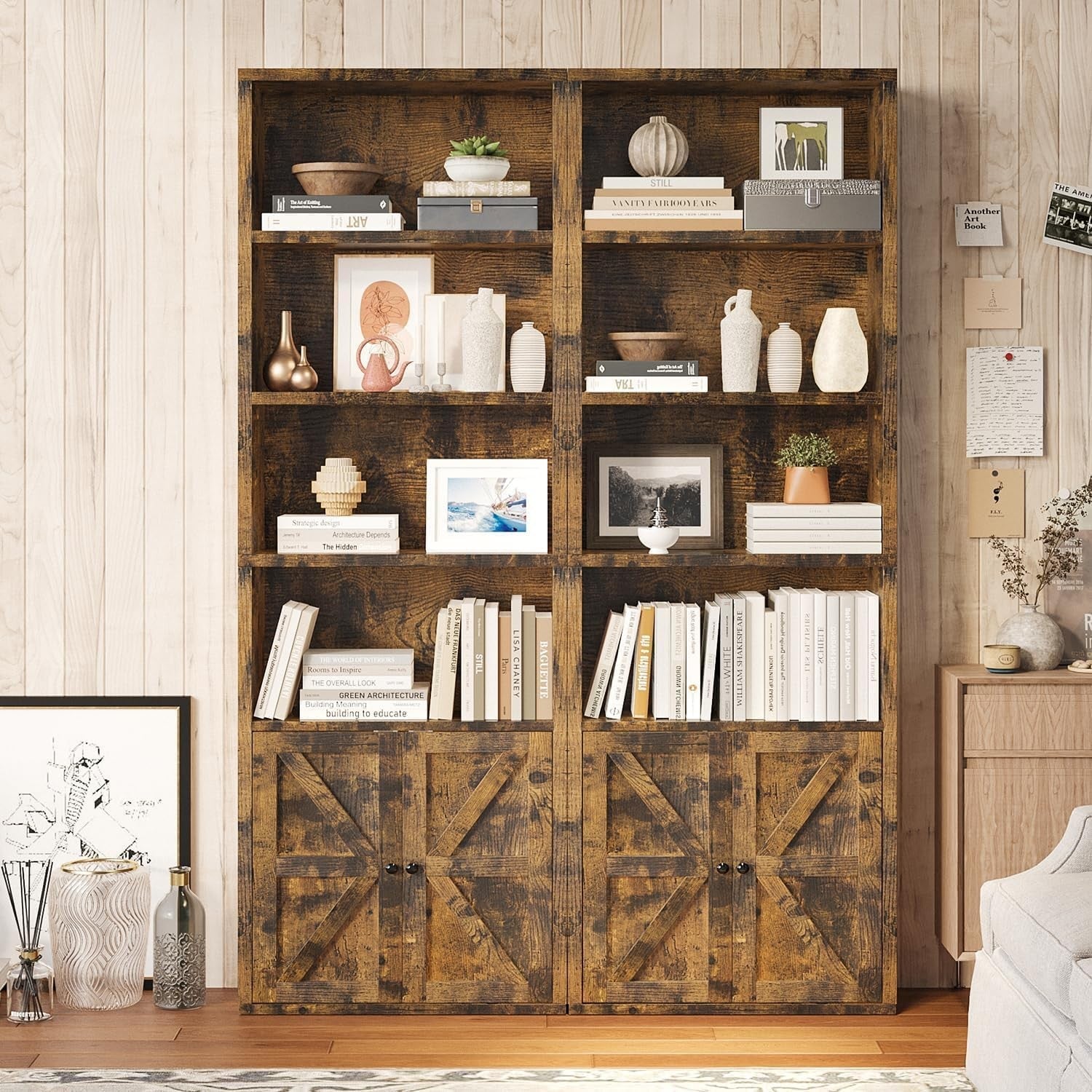 Tall Rustic Brown 6-Tier Bookcase with Cabinet Doors Modern Storage Unit 181cm