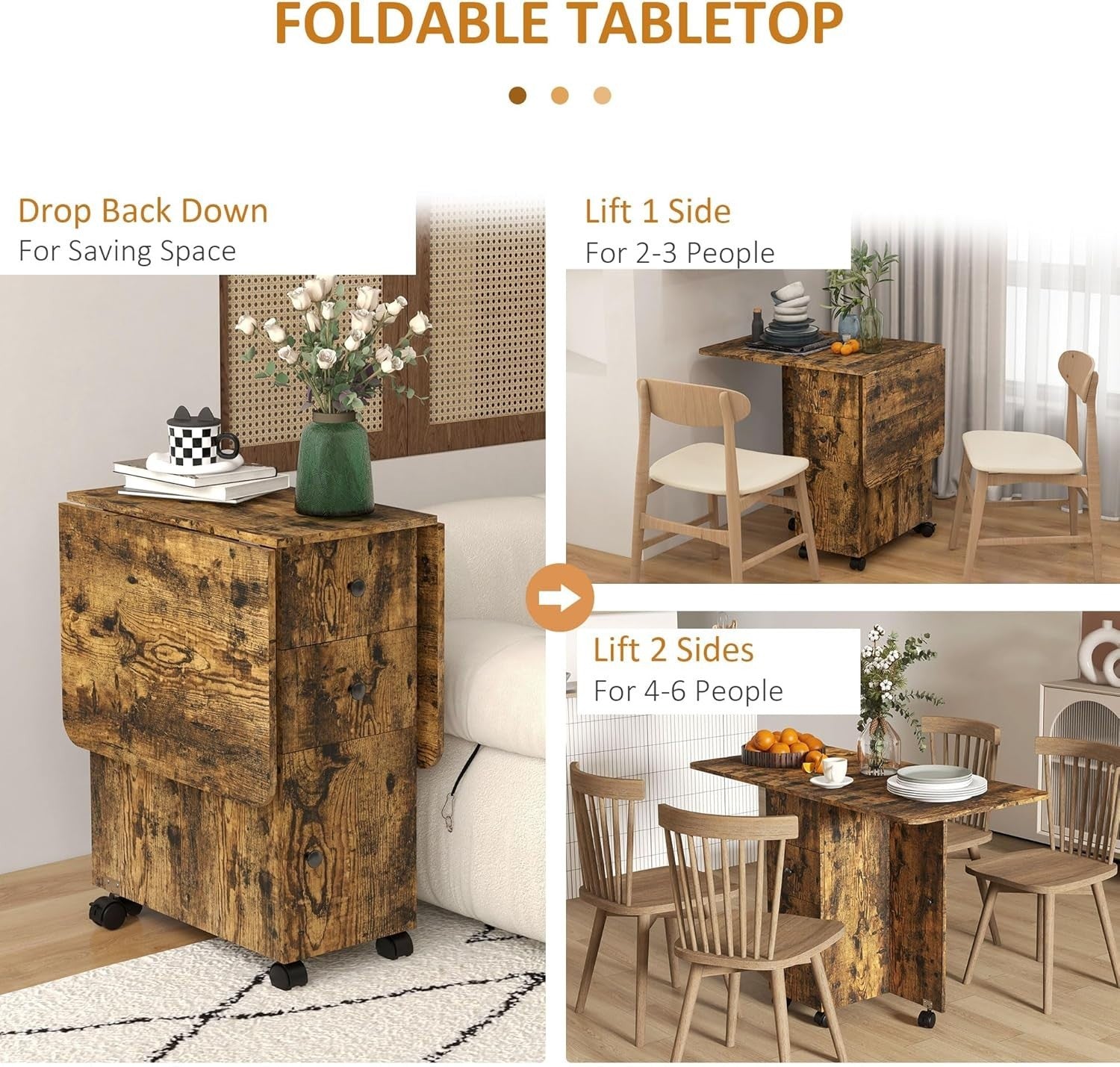 Folding Drop Leaf Dining Table 4-6 Seater on Wheels with Storage Rustic Brown