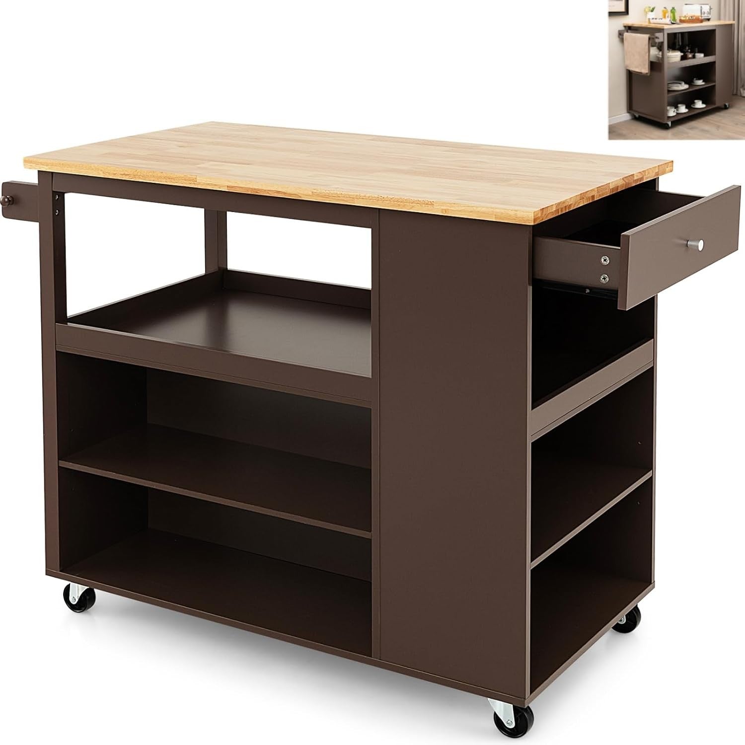 Rolling Kitchen Island Cart with Adjustable Shelves, Drawer & Rubberwood Top
