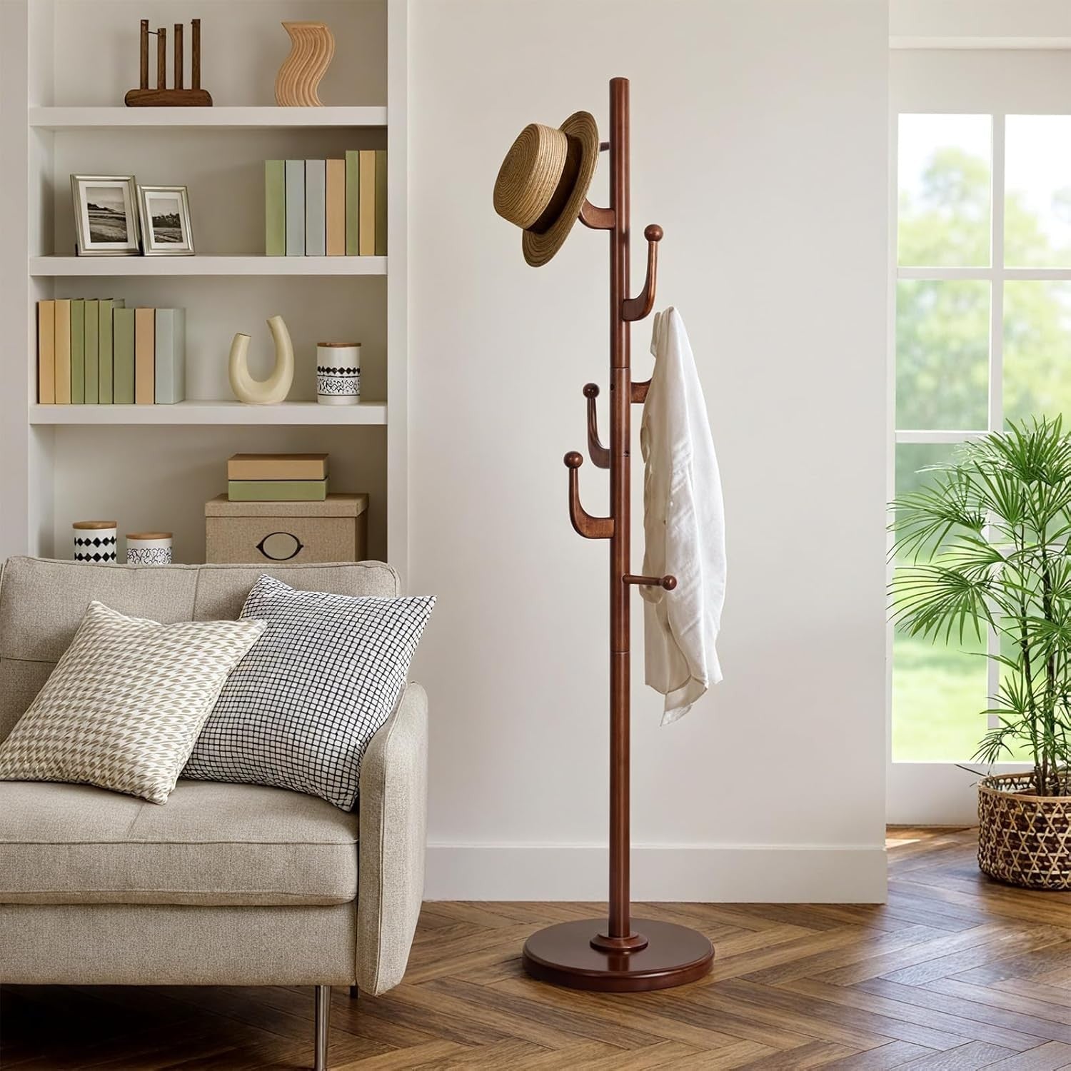 Solid Walnut Wood Coat Rack 180cm Freestanding 5 Hook Stand with Round Base