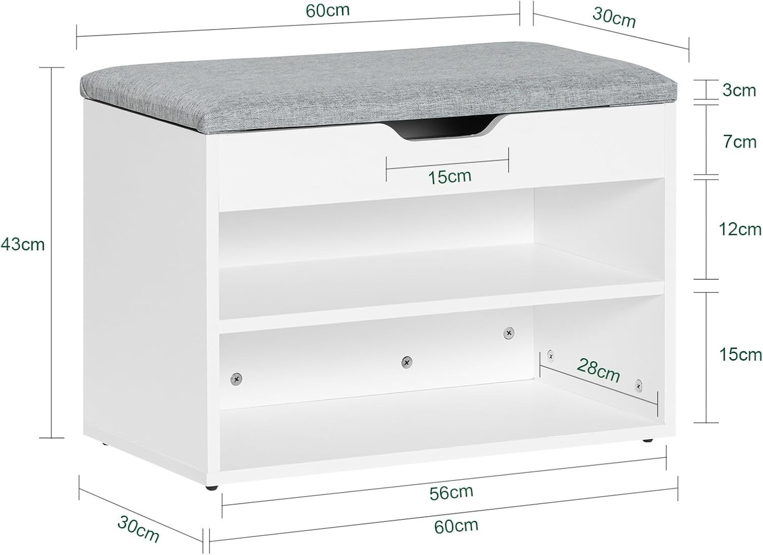 Grey Shoe Storage Bench with Padded Seat & 2 Tiers – Hallway Storage