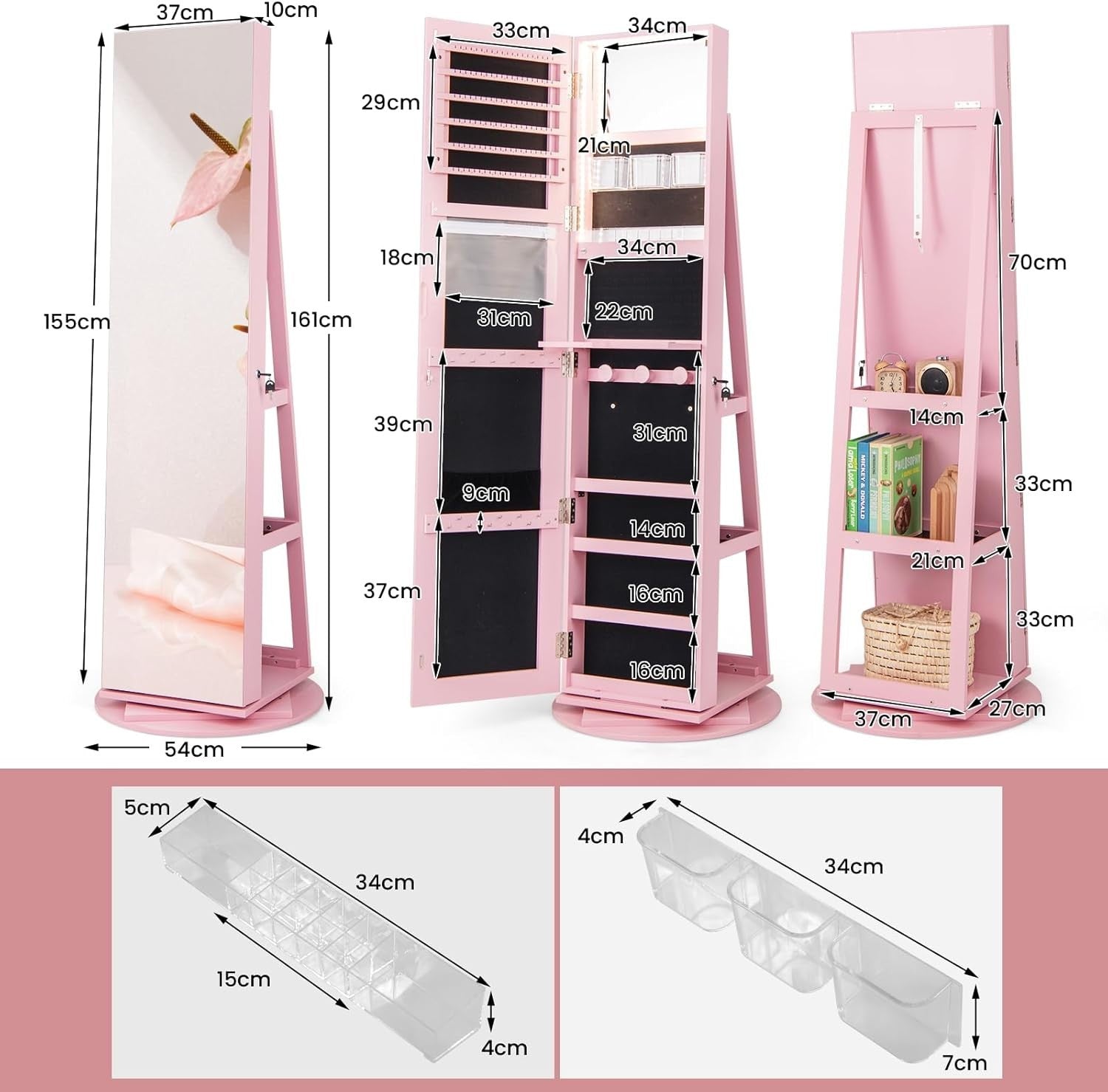 Pink 360° Swivel LED Jewelry Cabinet Mirror Lockable 3-Color Storage