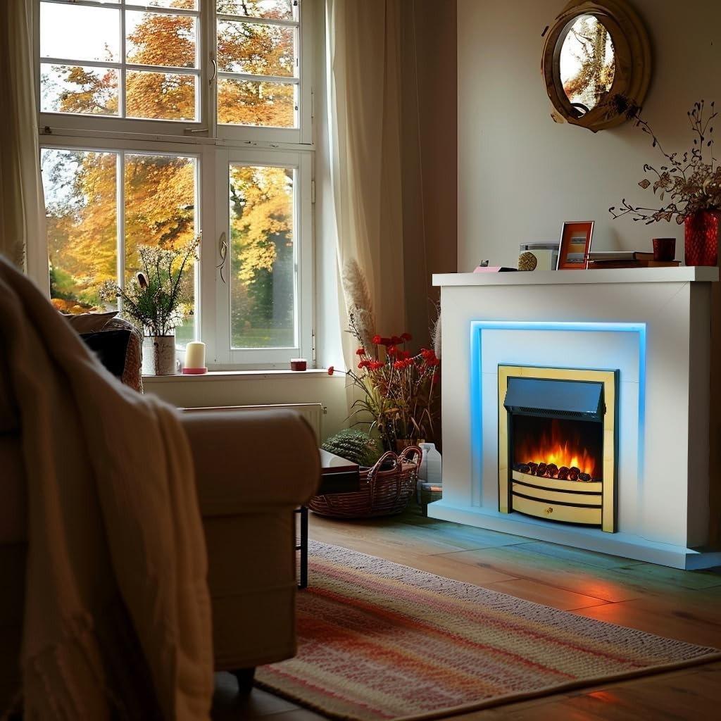 Electric Fireplace 42" LED Suite White Brass Fire Remote Heat Mood Light