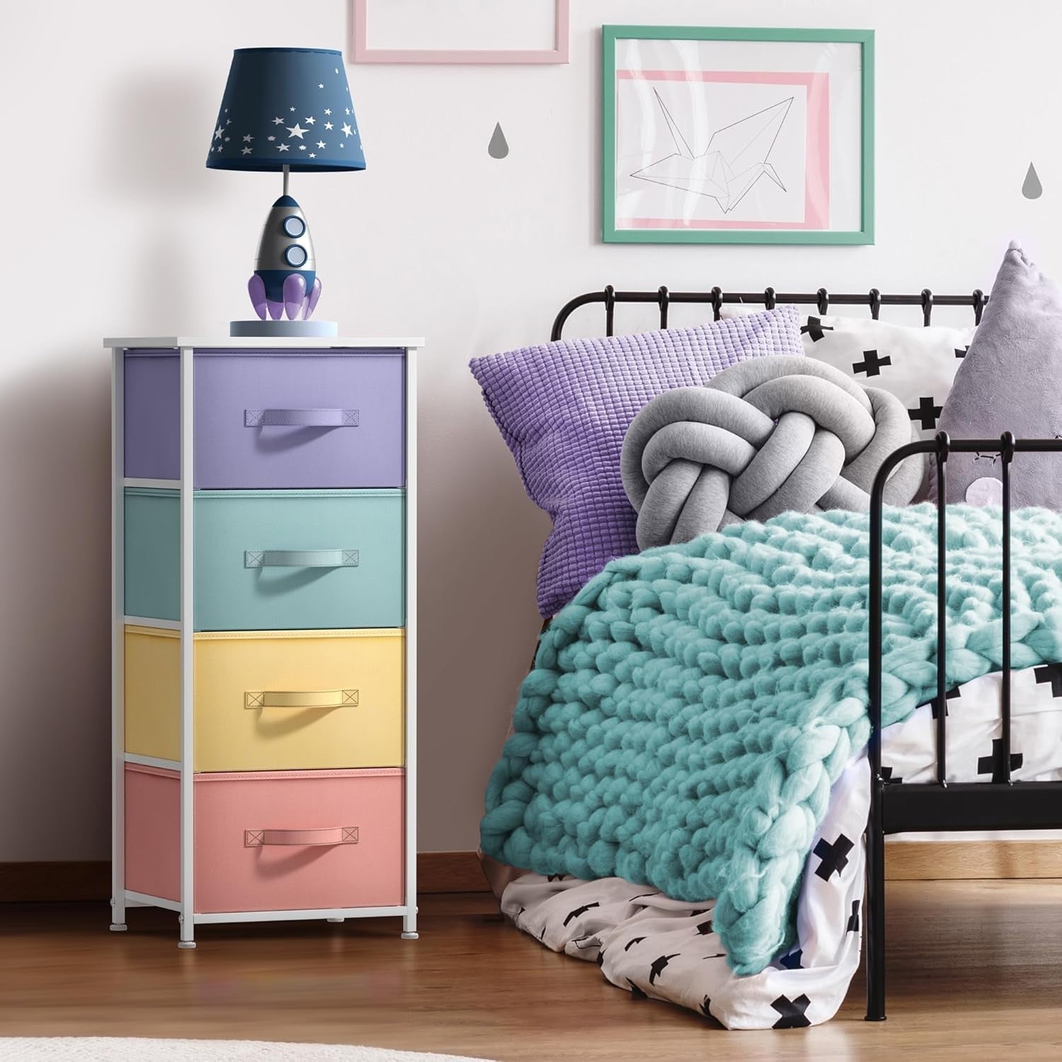Kids 4-Drawer Storage Dresser Nightstand Fabric Chest w/ Wood Top Pastel Colours