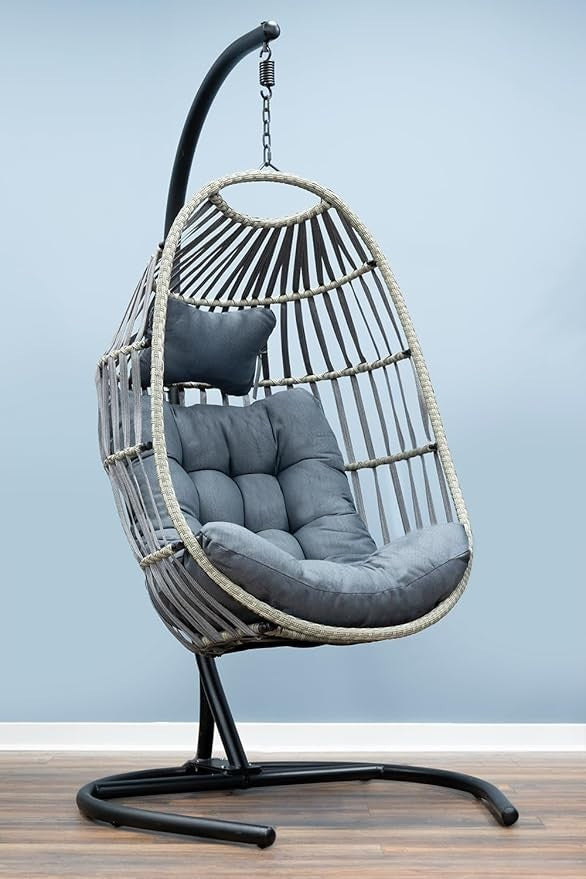 Hanging Egg Chair with Stand & Cushion – Foldable Rattan, Indoor Outdoor