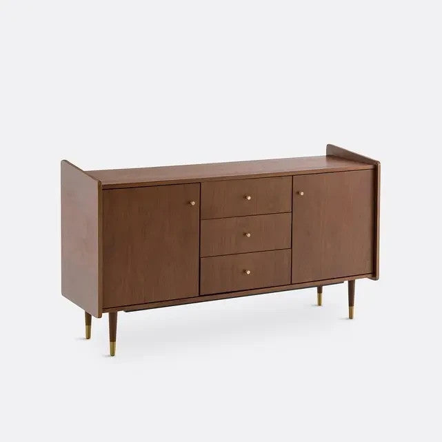 Mid Century Walnut Sideboard with Brass Legs & Storage Drawers