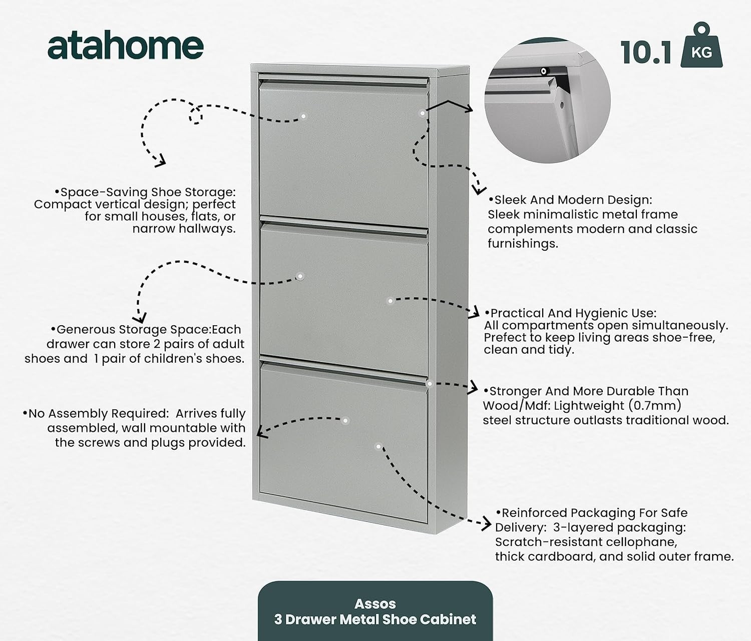 Slim Wall Mounted Shoe Cabinet 3 Drawer Metal Organizer Grey 104cm