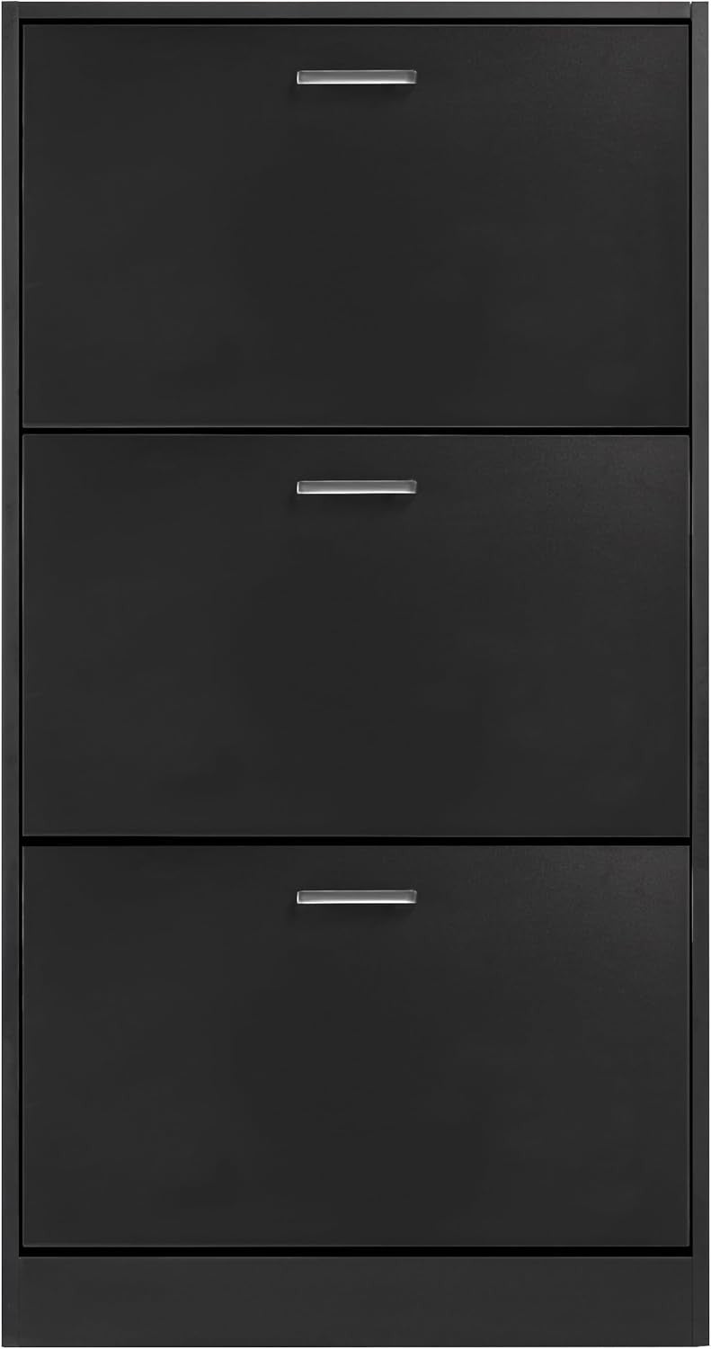 Black 3 Drawer Shoe Storage Cabinet with Top Shelf, Slim Modern Hallway Unit