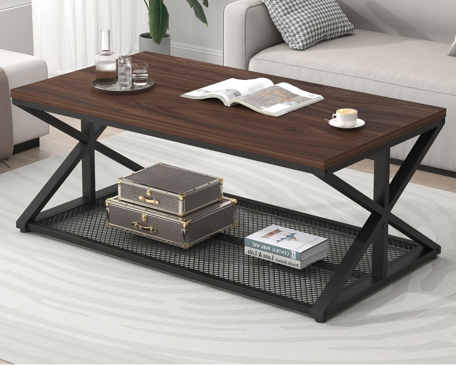 Walnut Coffee Table with Storage Shelf – Industrial 2-Tier Metal Frame 120cm