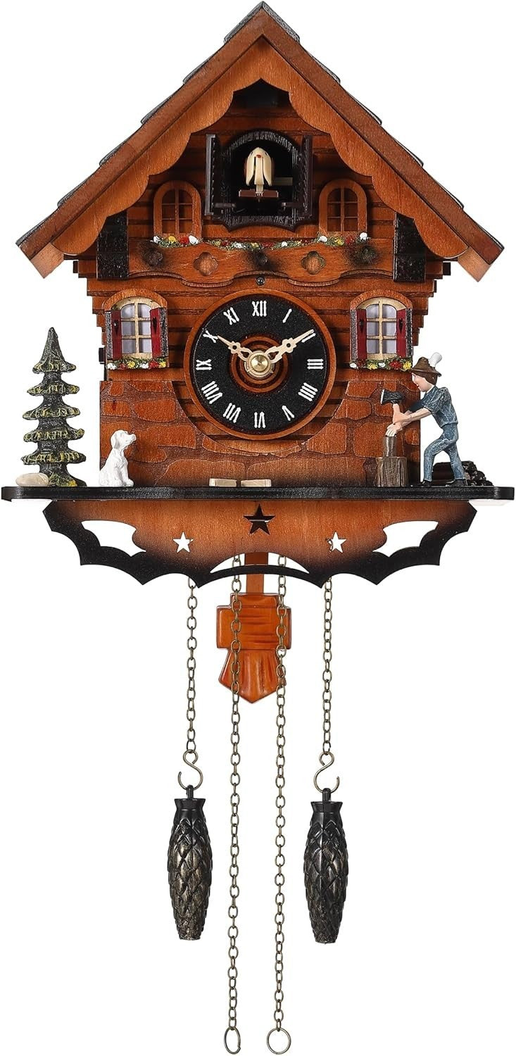 Traditional Wooden Cuckoo Clock Wall Decor, Night Sensor, 12 Melodies