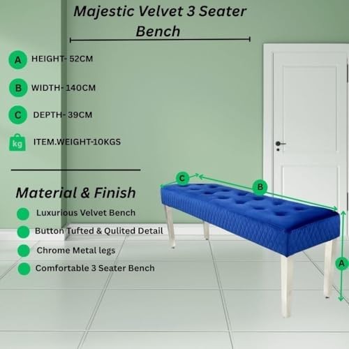 Luxury Navy Velvet 3-Seater Bench Modern Upholstered Dining & Entryway Seat