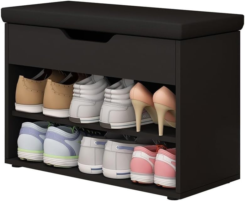 Black Shoe Storage Bench with Cushion 2-Tier Slim Shoe Rack 60×30×47cm