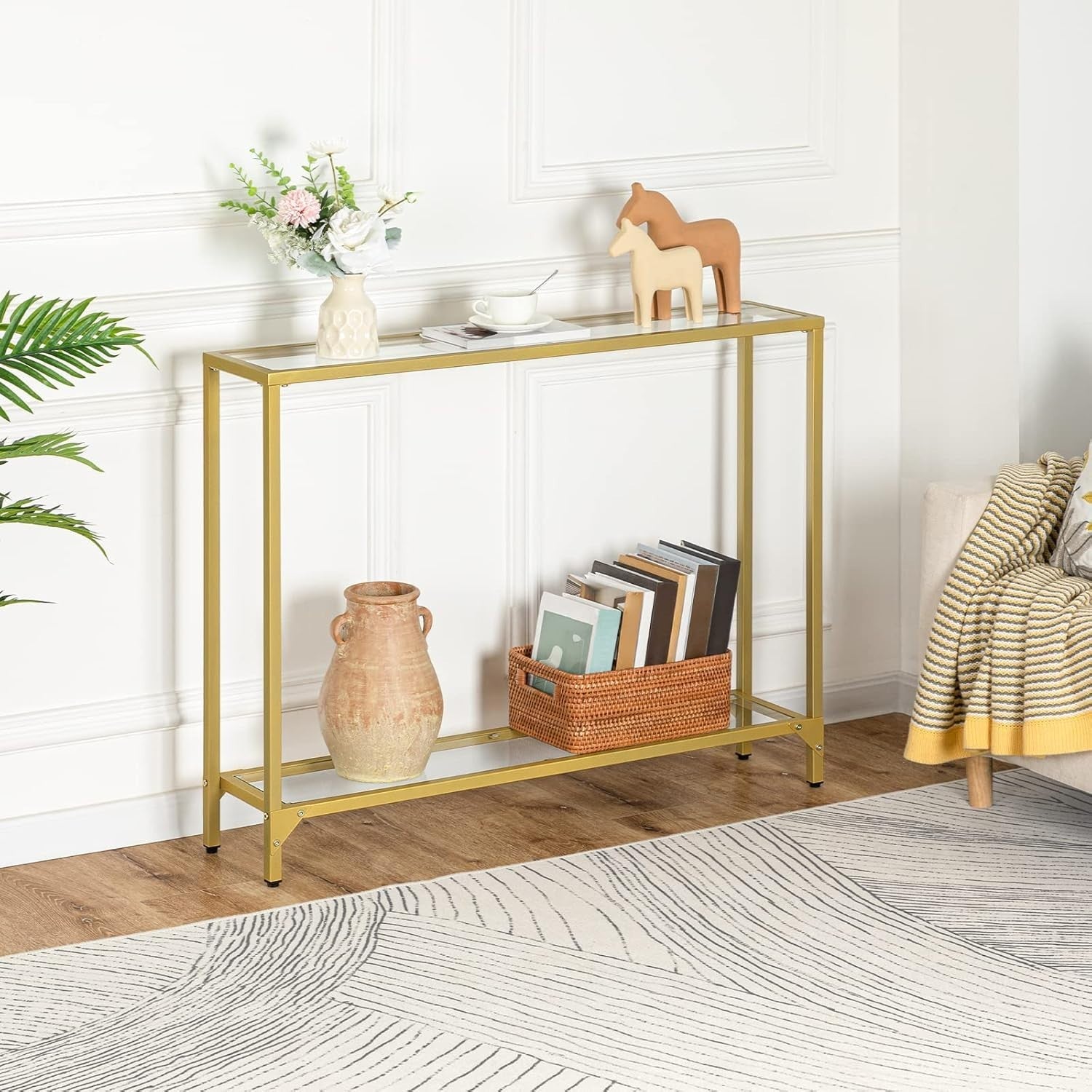 Slim 2-Tier Gold Console Table 100x22x80cm Tempered Glass Shelf
