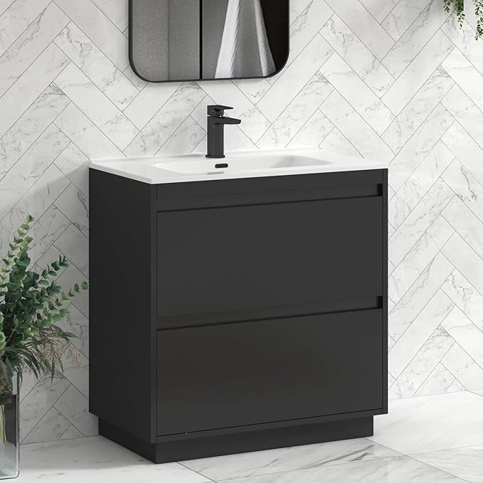 800mm Jet Black Floor Standing Vanity Unit with Basin Sink 2 Drawer