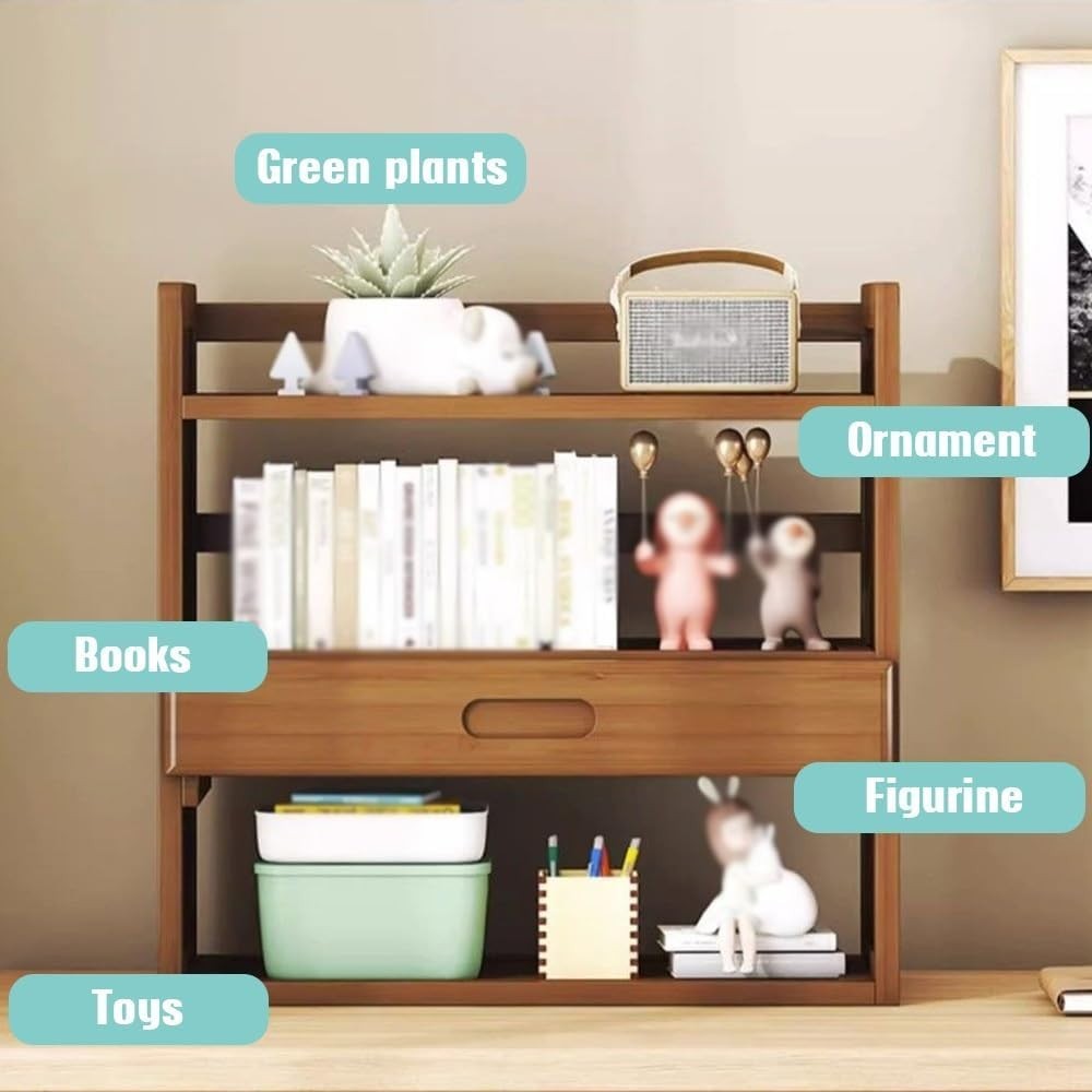 Bamboo Desktop Bookshelf Organizer w/ Drawer | 3-Shelf Desk Hutch 66cm