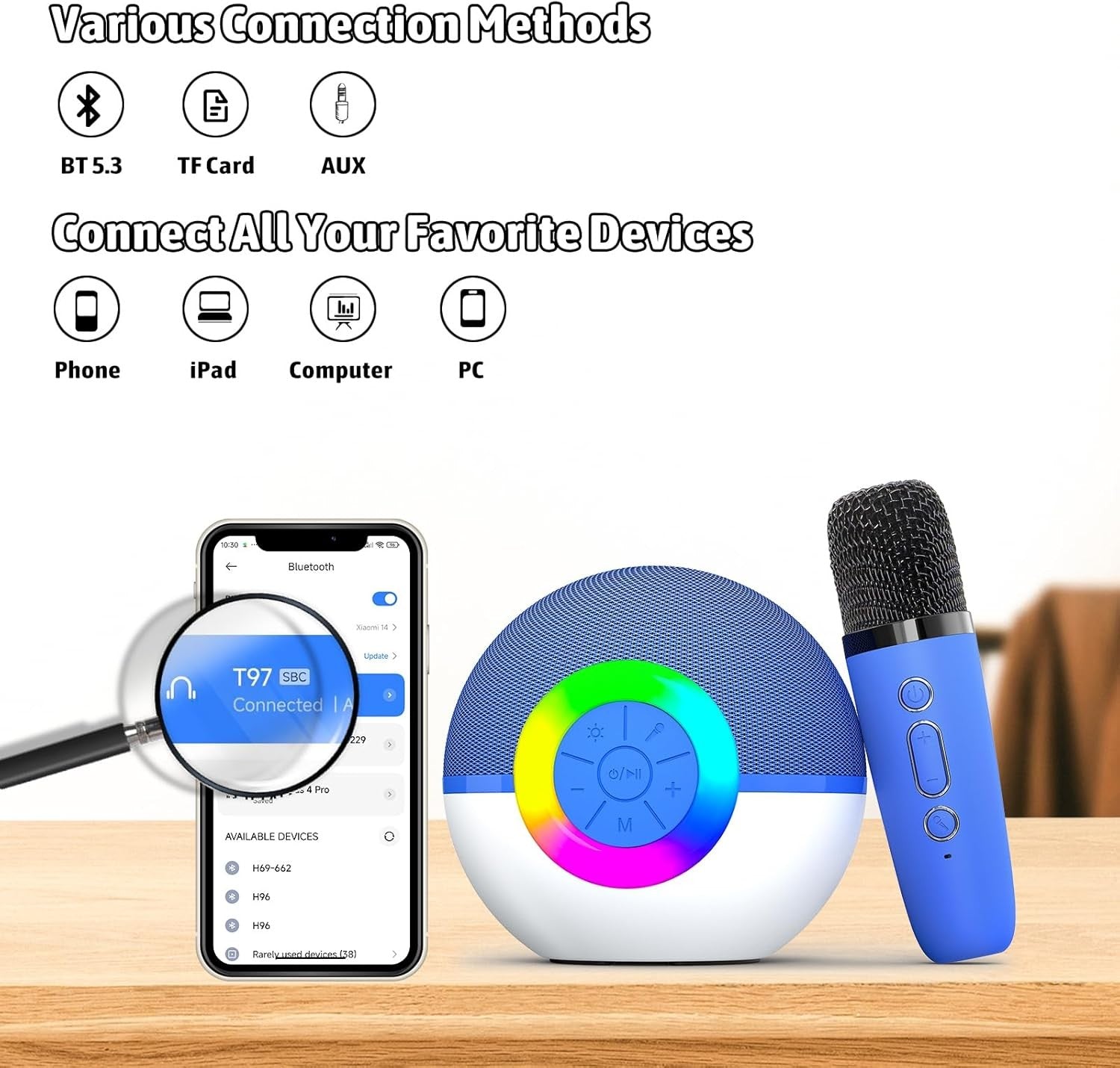 Blue Kids Karaoke Machine 2 Wireless Mics LED Voice Changer