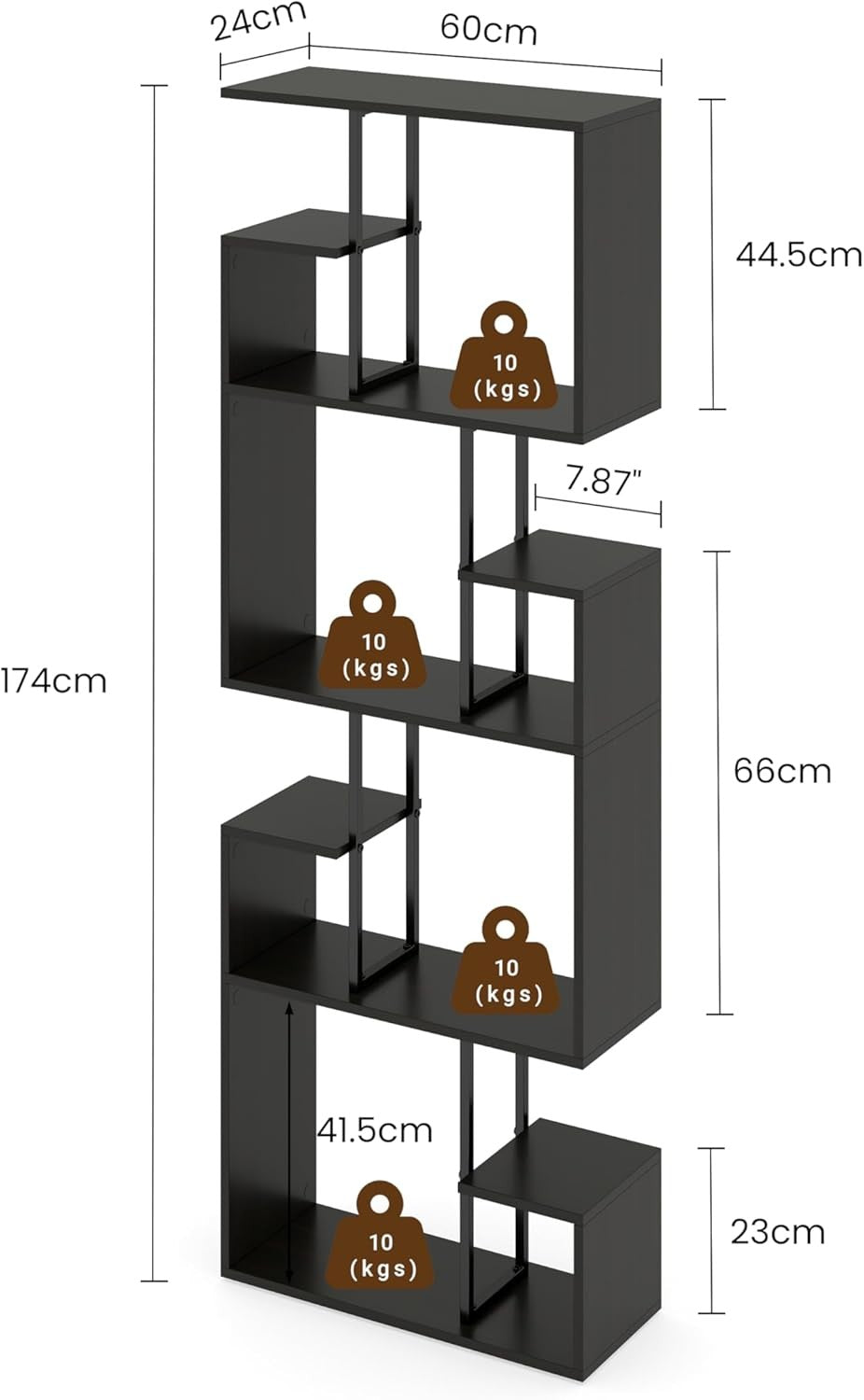 Black 4-Tier Slim Bookcase Room Divider, Modern Asymmetric Display Shelf