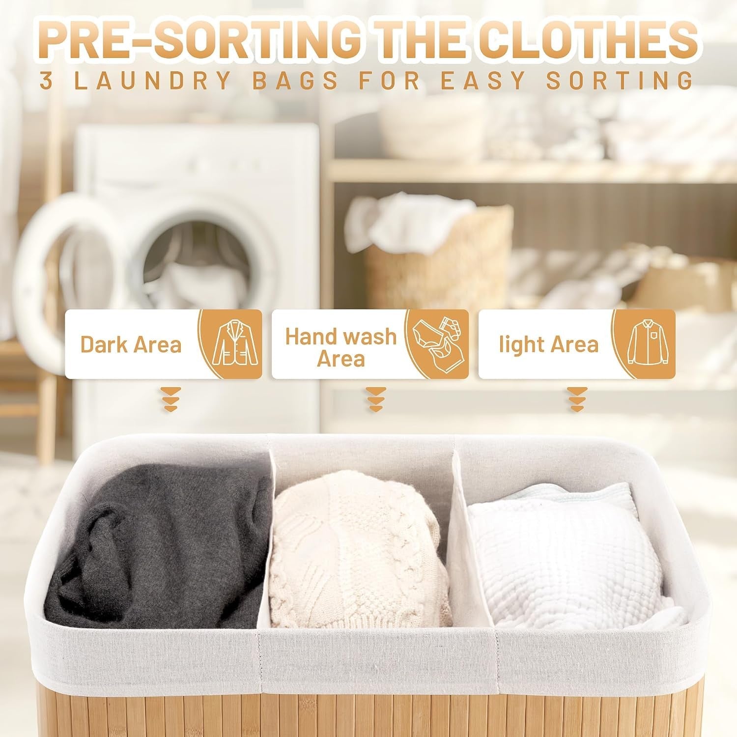 150L Bamboo Laundry Hamper with Lid 3-Section Foldable Clothes Basket Beige