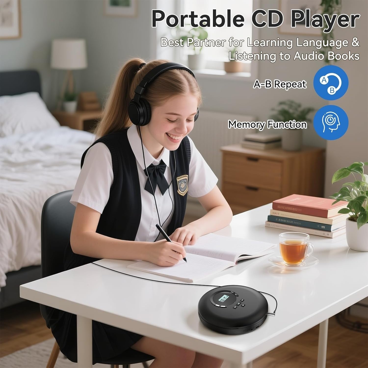 Portable CD Player Anti Skip LCD Earphones AUX PROG Memory Black