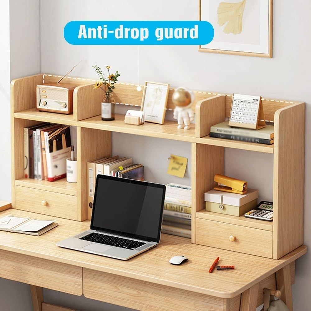 3-Tier Wood Desk Hutch Organizer w/ Drawers White Desktop Bookshelf 100x16x52cm