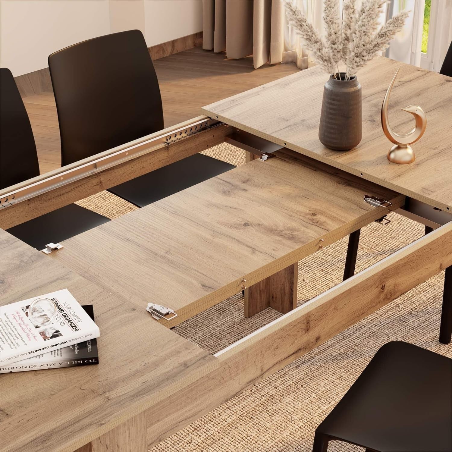 Extendable Dining Table Rustic Oak, 220cm Wood 6–8 Seater Modern Space Saver