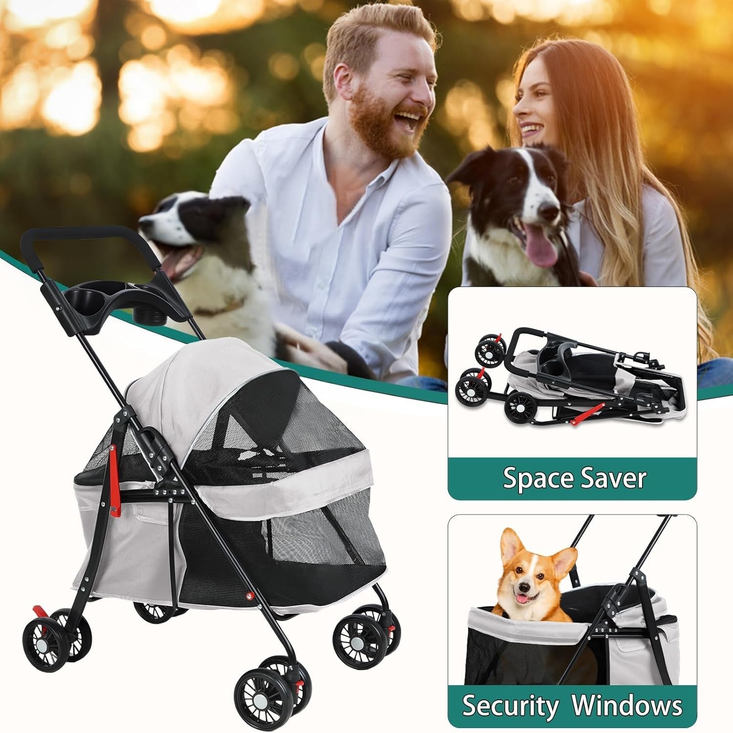 Pet Stroller for Dogs & Cats 4 Wheel Foldable Travel Pram Mesh