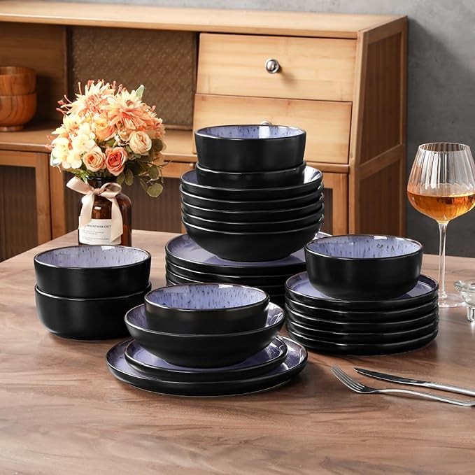 24pc Purple Stoneware Dinner Set Plates Bowls Reactive Glaze Service for 6