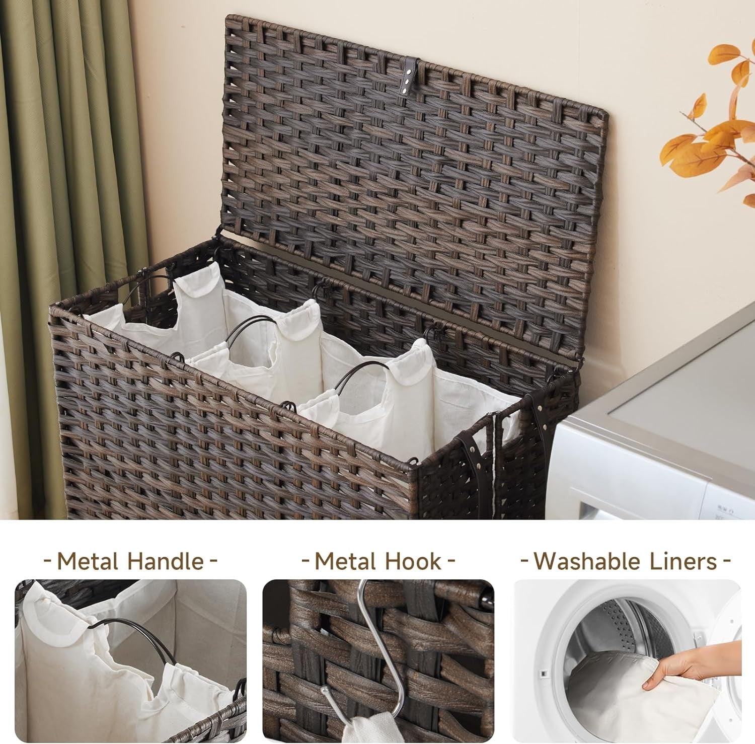 200L Rattan Laundry Hamper with Wheels Lid 3-Section Removable Bags Brown