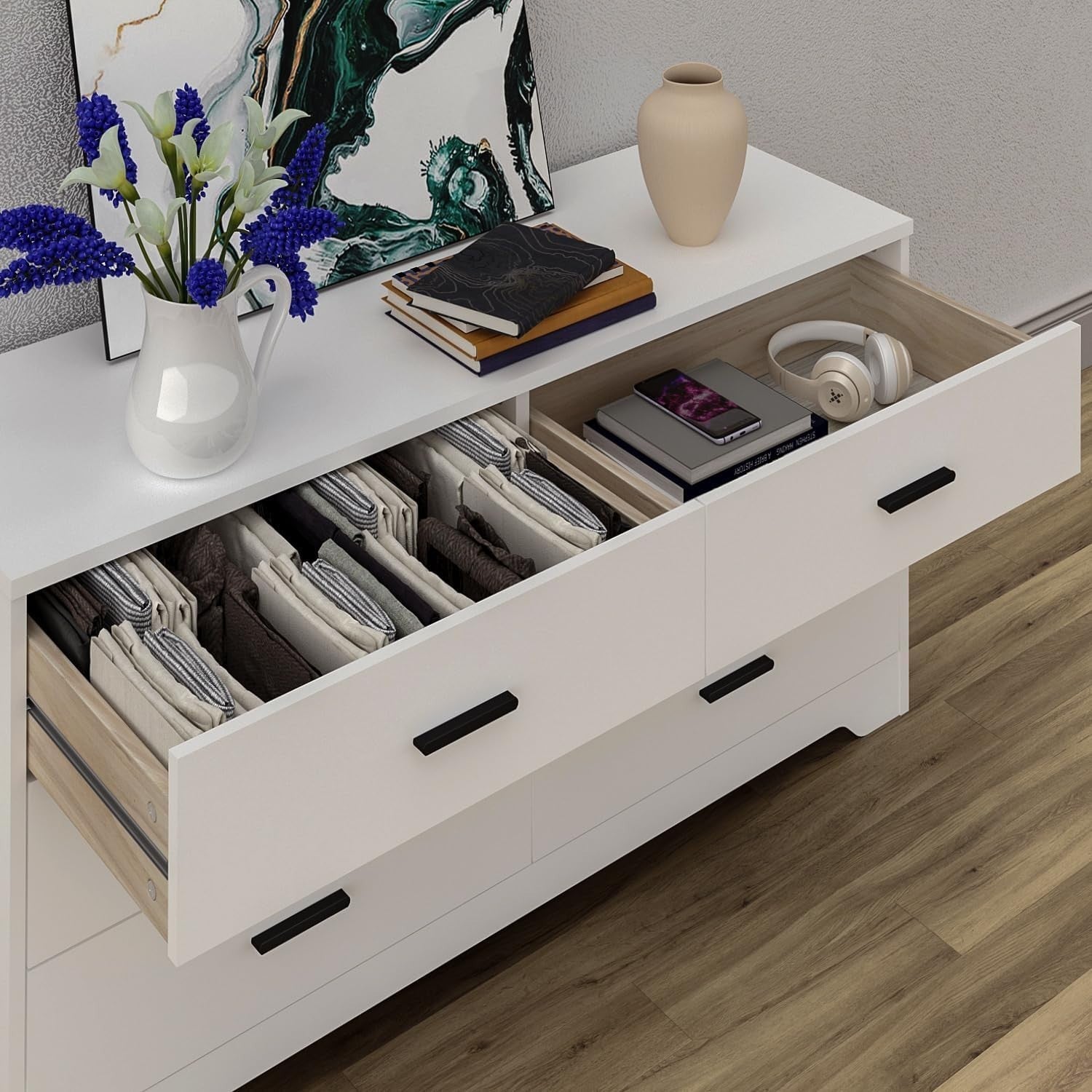 6 Drawer White Wooden Chest Storage Cabinet Bedroom Organizer with Handles