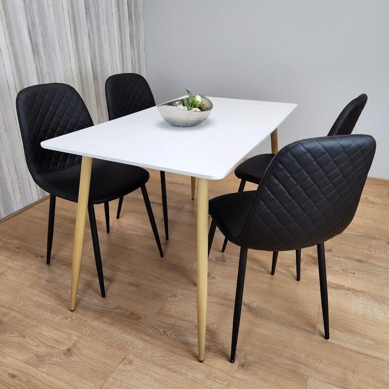 White Dining Table Set with 4 Black Faux Leather Chairs, Modern Kitchen