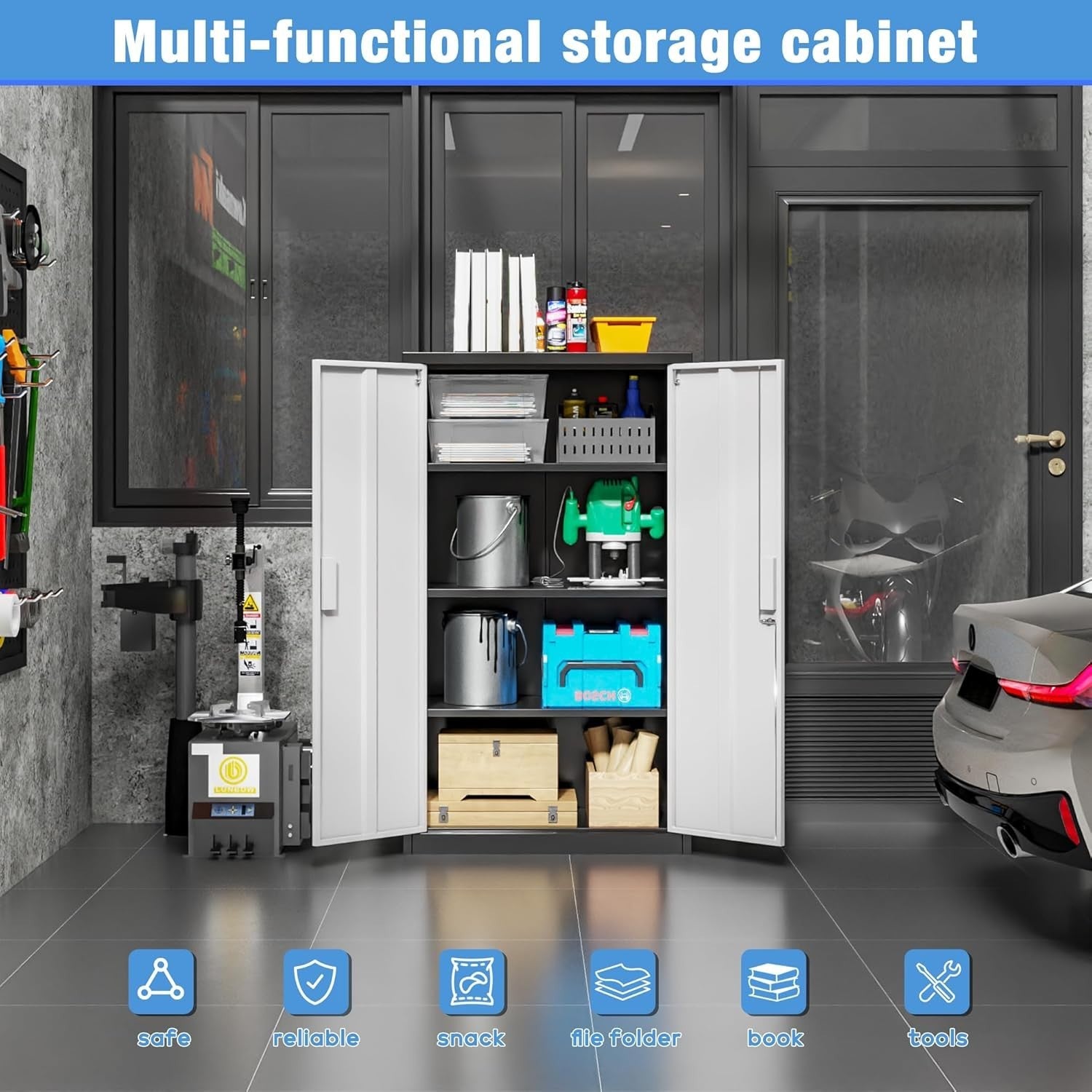 Lockable Steel Storage Cabinet 2 Doors 3 Adjustable Shelves 140x80x40cm