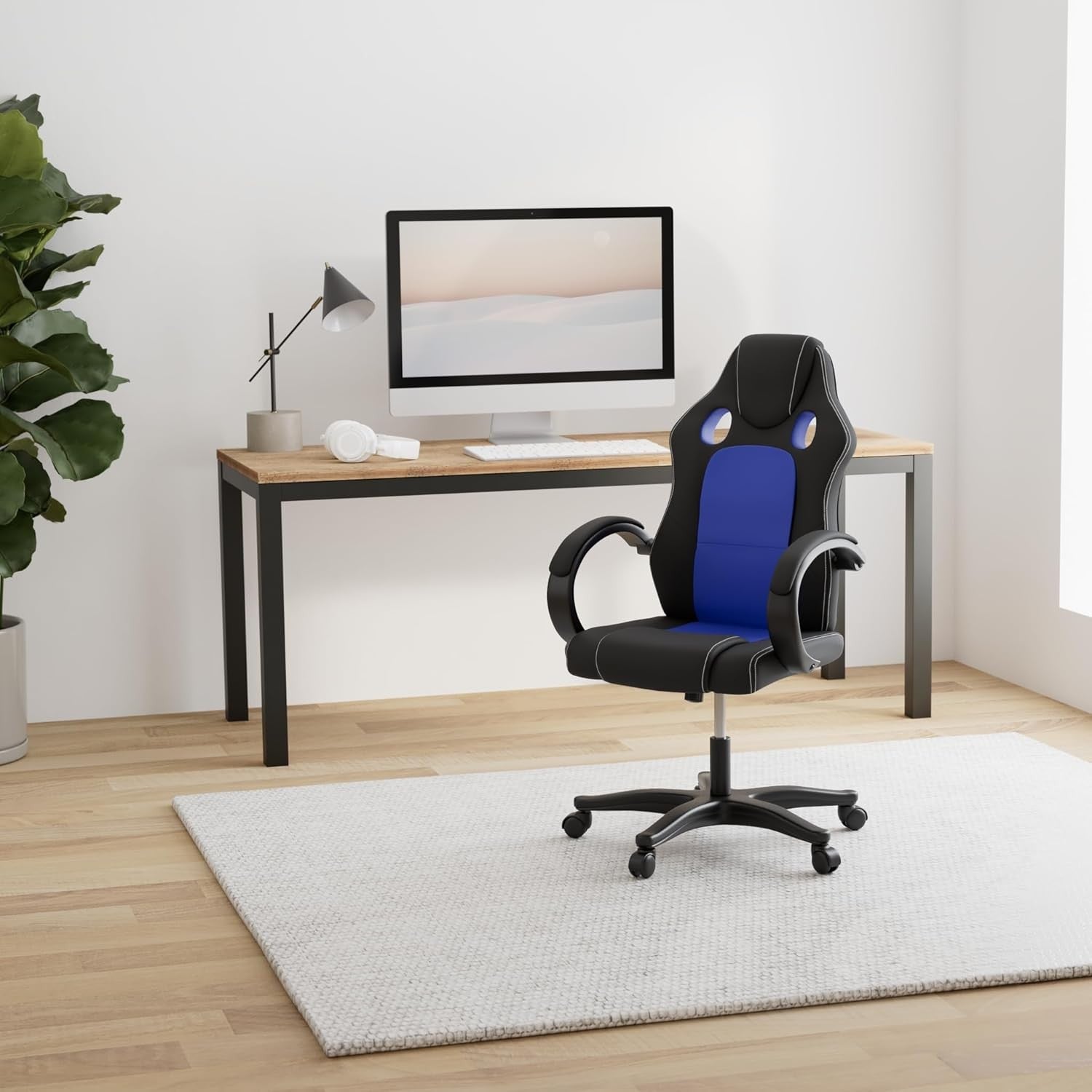 Racing Style Gaming Chair Blue PU Leather Ergonomic Swivel Desk