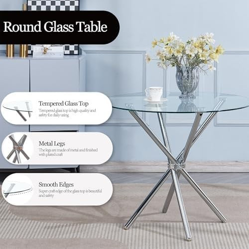 Round Glass Dining Table 90cm Silver Tempered Metal Legs Modern