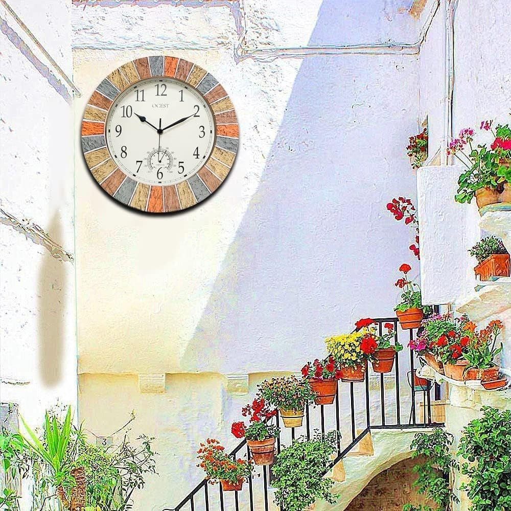 13" Outdoor Waterproof Garden Wall Clock Large Thermometer Retro Silent Decor