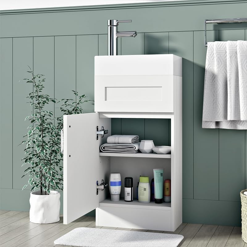 Slim 400mm Bathroom Vanity Unit  Basin White Floor Standing Sink Cabinet