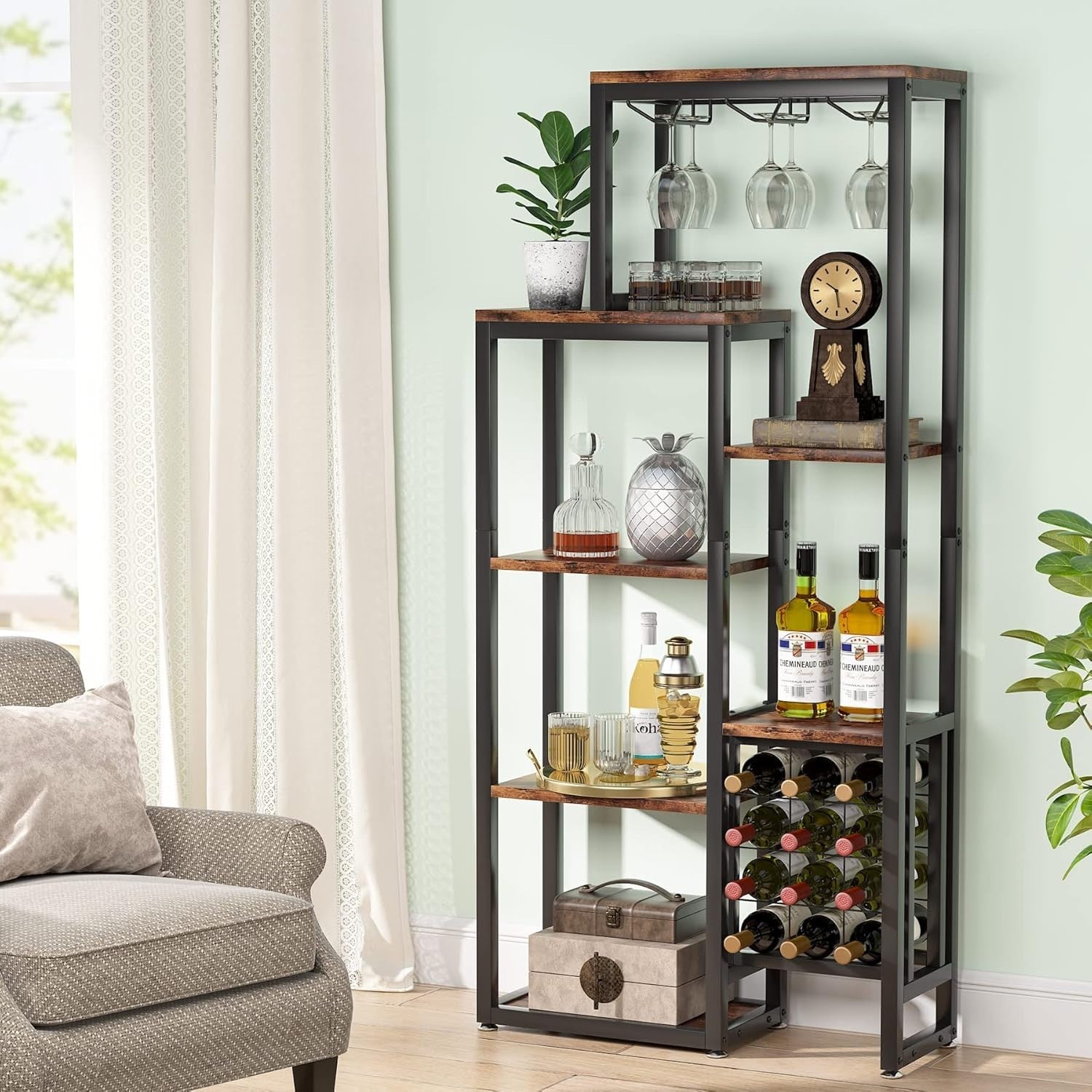 5-Tier Wine Rack Shelf with Glass Holder & Storage, Rustic