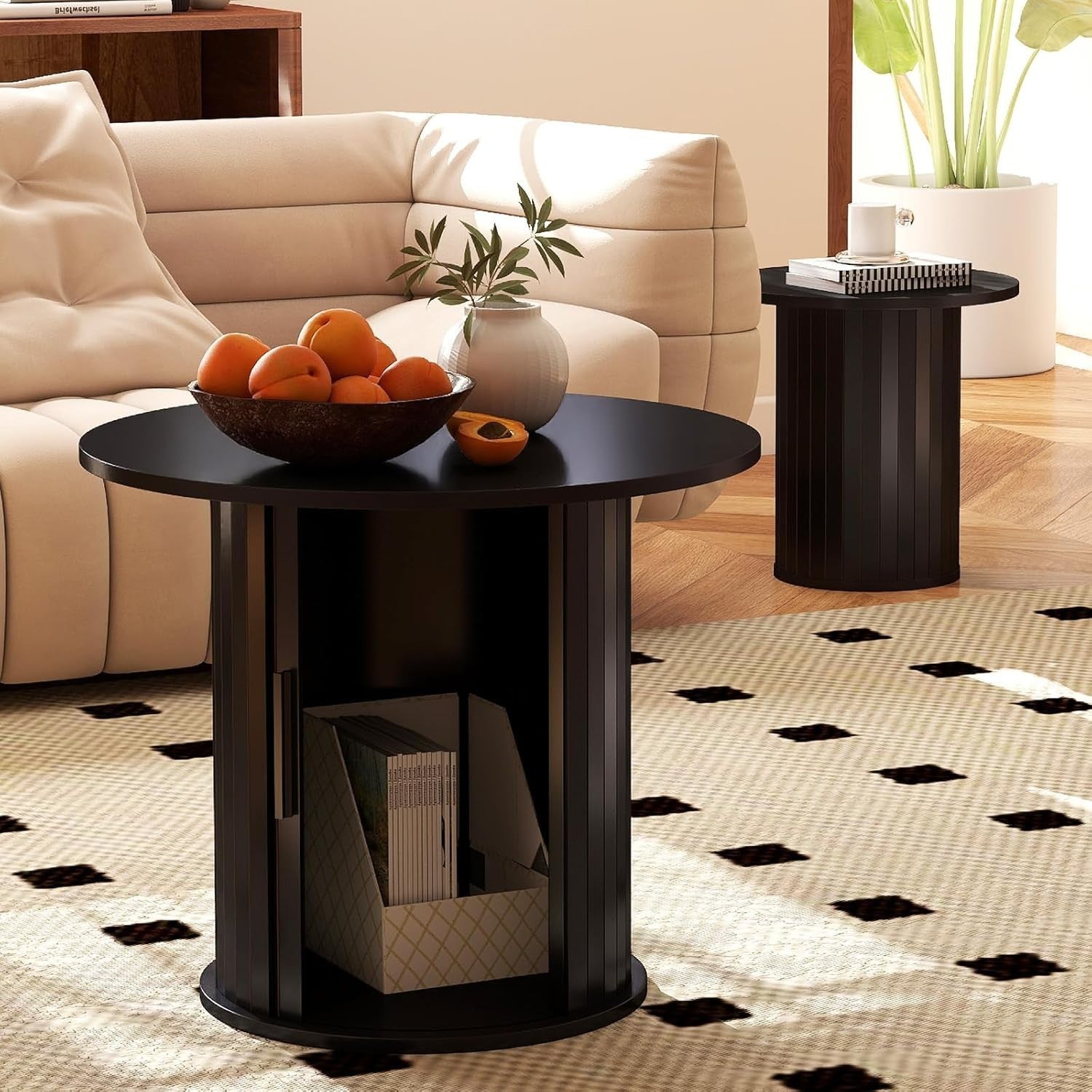 2-Piece 60cm Round Nesting Coffee Table Set with Hidden Storage, Black Finish
