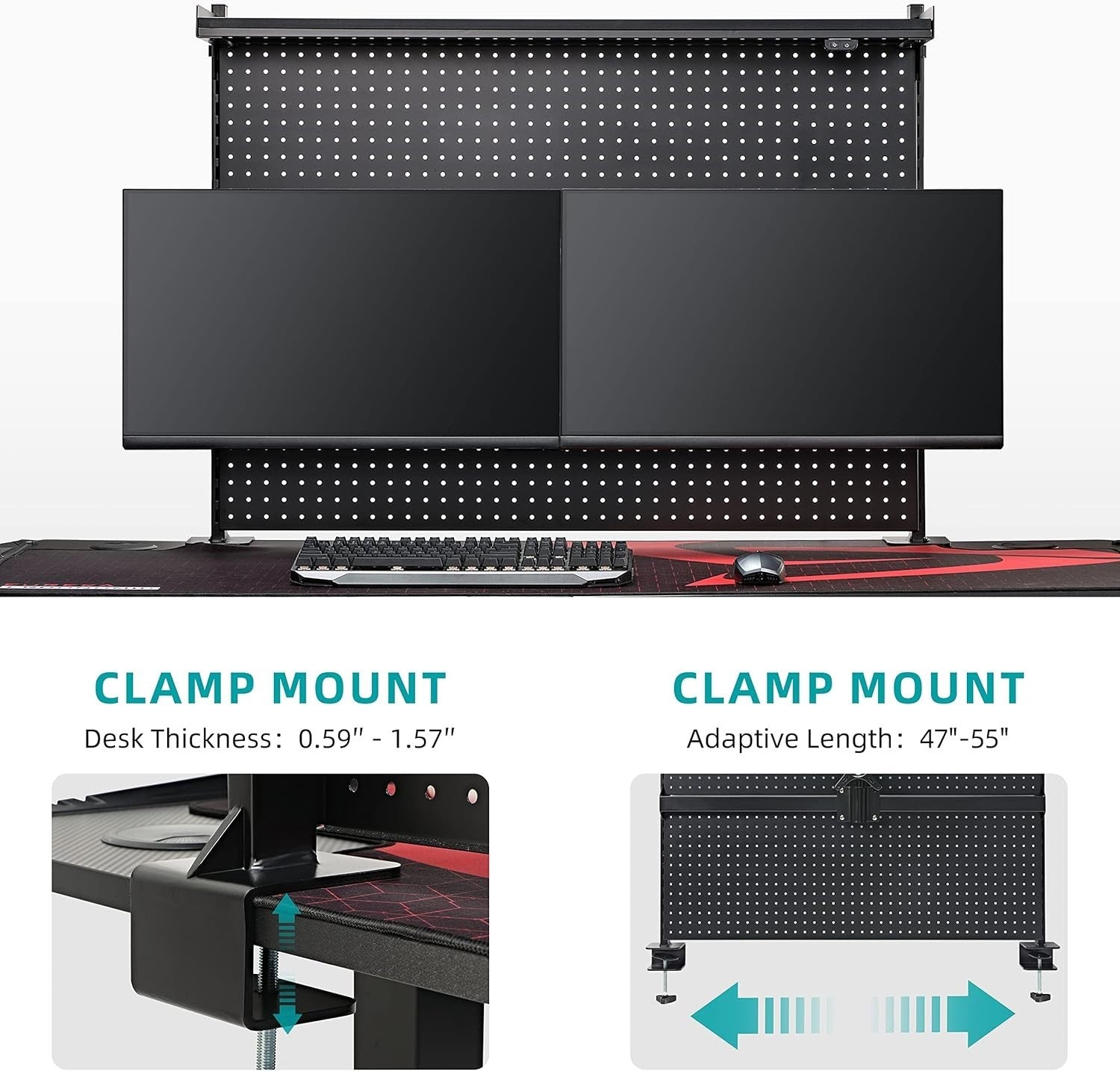 Clamp-On Desk Pegboard w/ Dual Monitor Stand RGB Steel Organizer Black