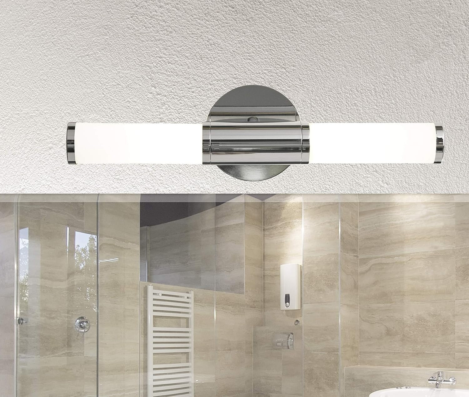 Modern Chrome Bathroom Wall Light with Dual Opal Glass Shades – IP44 Rated