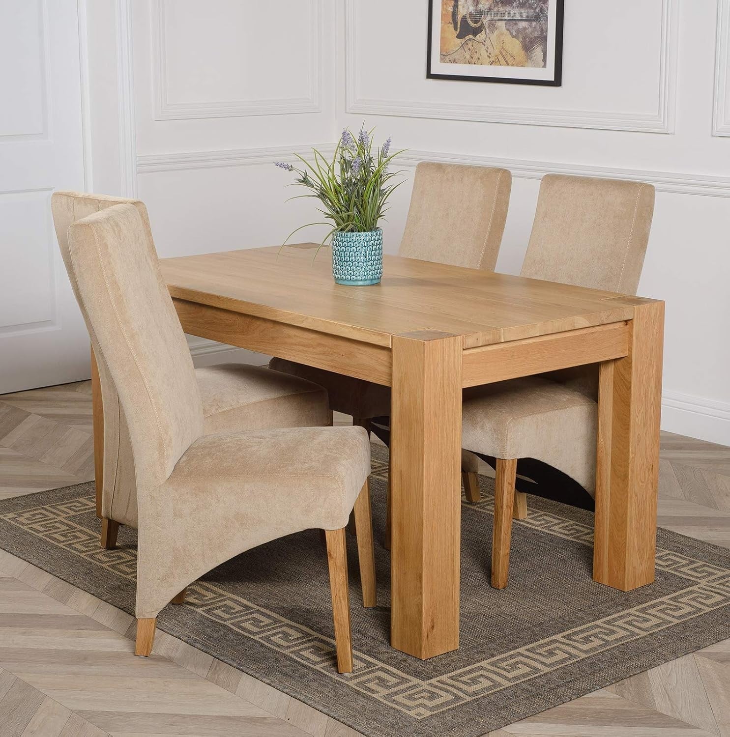 Oak Dining Table Set 4 Beige Fabric Chairs 150cm Solid Wood Modern