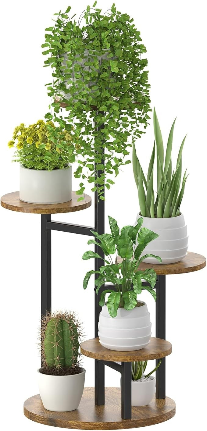 5 Tier Metal Wood Plant Stand Indoor Outdoor Flower Display Rack – Round Shelf