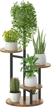 5 Tier Metal Wood Plant Stand Indoor Outdoor Flower Display Rack – Round Shelf