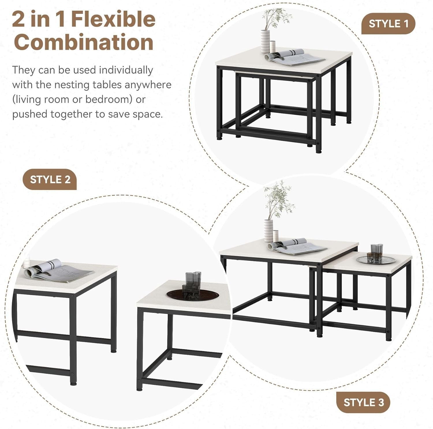 Square Nesting Coffee Table Set of 2, White Side Tables, Storage Shelf