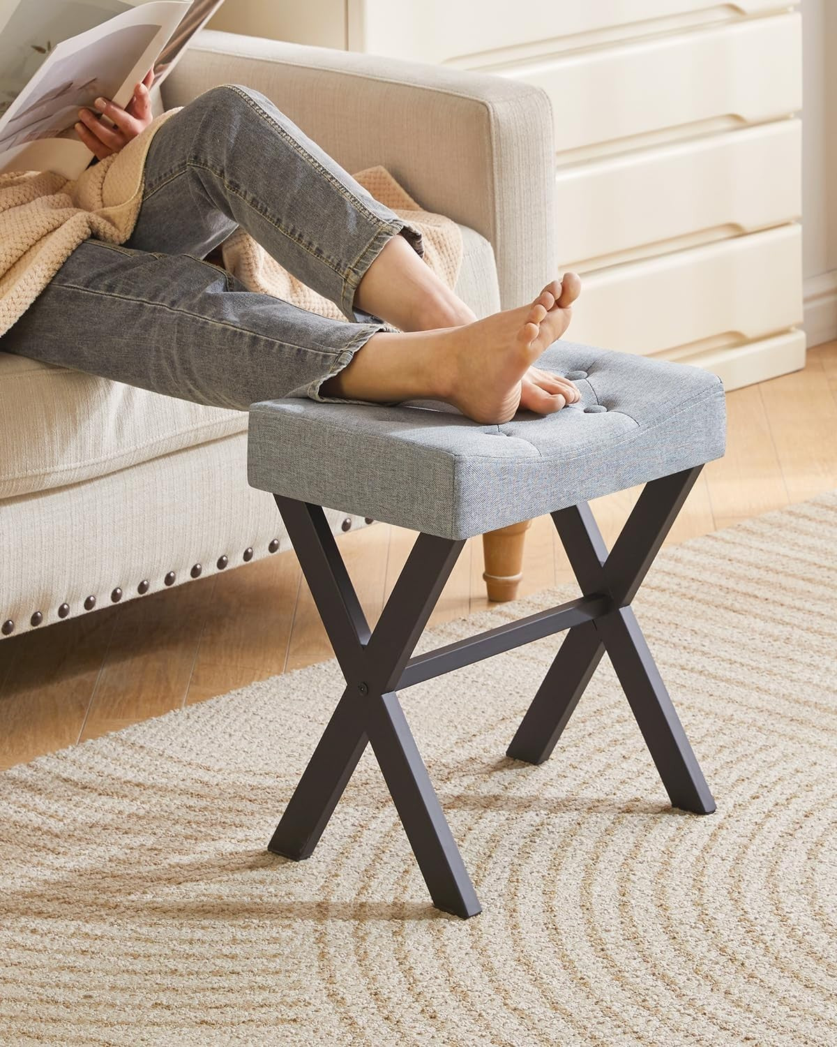 Blue Gray U-Shaped Linen Vanity Stool with X-Leg – Makeup Seat & Footrest
